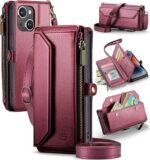 Wallet Case Compatible with iPhone 13 RFID Blocking 7-Card Holder Soft PU Leather Magnetic Snap Shoulder Strap Zipper Pocket Phone Case Fit for iPhone 13 for Women 6.1" - Wine Red - Image 2