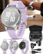 Wearable4U Garmin Lily 2 Active, Silver with Purple Jasmine Silicone Band, Smartwatch, Built-in GPS, Hidden Display, Patterned Lens, Up to 9 Days Battery Life w Black Earbuds Bundle - Image 2