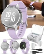 Wearable4U Garmin Lily 2 Active, Silver with Purple Jasmine Silicone Band, Smartwatch, Built-in GPS, Hidden Display, Patterned Lens, Up to 9 Days Battery Life w White Earbuds Bundle - Image 2
