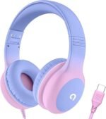 Wired Kids Headphones with USB C Plug, 85dB Safe Volume, Adjustable Headband, Tangle-Free Cord Headphones for School, Tablet, Travel (Light Purple & Pink, Without Microphone) - Image 2