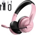 Wireless Headset with Mic for Work with AI Noise Cancelling Mic for Clear Calls, Bluetooth V5.3 Headphones with Microphone to USB A/C Dongle & Mic Mute for Computer Laptop PC iPhone (Pink Black) - Image 2