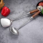 Wok Spatula & Ladle Tool Set, AOOSY 304 Stainless Steel Cooking Utensils, Wooden Handle Wok Utensils Soup Ladle, 15 Inches, Set of 2 - Image 2