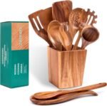 Wooden Spoons for Cooking, Premium Acacia Wood Kitchen Utensil Set, Handmade Wooden Utensils for Nonstick Cookware, Heat Resistant, Smooth Finish, Comfortable Grip, with Holder, Gift Ready - Image 2