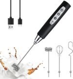 YUSWKO Black Handheld Milk Frother Wand for Coffee, Rechargeable Electric Whisk with 3 Heads 3 Speeds Drink Mixer Coffee Frother For Latte, Cappuccino, Hot Chocolate, Egg - Image 2