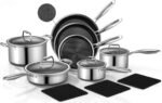 Yoehka 14-Piece Hybrid Stainless Steel Cookware Set, Non-Stick Pots and Pans Set with 3 Silicone Trivets | Induction Compatible Frying Pans, Saucepans, Saute Pan & Stock Pot | Oven Dishwasher Safe - Image 2