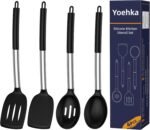 Yoehka Silicone Cooking Utensils Set for Nonstick Cookware, 4Pcs Heat Resistant Kitchen Silicone Spatula and Spoon Set with Stainless Steel Handle, Mixing, Flipping, Turning, Stirring, Black - Image 2