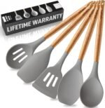 Zulay Kitchen Utensils Set Non-Stick Silicone Cooking Utensils Set with Authentic Acacia Wood Handles - 5 Piece Silicone Utensil Set - Kitchen Utensils Set with 464°F Heat Resistance - Gray - Image 2