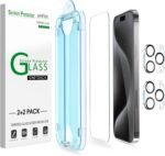 amFilm OneTouch 2+2 Pack Compatible with iPhone 15 Pro Screen Protector 6.1" Tempered Glass with Camera Lens Protector Accessories, Premium Easiest Installation Kit 9H HD, Case Friendly - Image 2