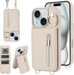 for iPhone 13/14 Wallet Case with Strap Card Slot Holder RFID Blocking Ring Kickstand,Magnetic Flip Folio Zipper Crossbody Purse Case with Lanyard,PU Leather Cover Handbag,Beige - Image 2