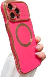 for iPhone 14 Pro Max Case Magnetic,for Women Girls Soft Cute Wave Frame Curly Shape Love Heart Luxury Plating Phone Case Compatible with MagSafe Shockproof Back Cover 6.7"-Hot Pink - Image 2