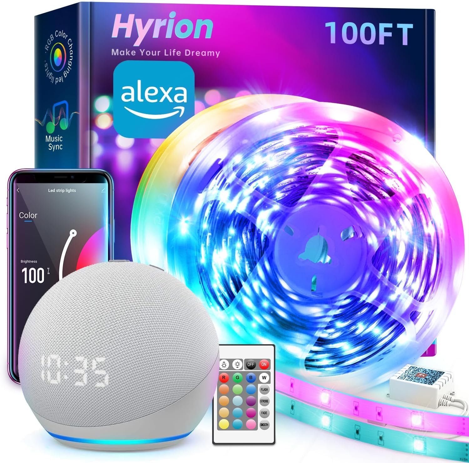 hyrion Smart LED Lights for Bedroom 100ft, Voice Control Strip Lights with Alexa and Google Assistant, RGB Color Changing, Music Sync WI-FI Led Lighting with App Controlled for Room Decor(2 * 51ft) - Image 2