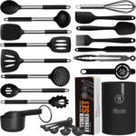 oannao Large Silicone Cooking Utensils Set - Heat Resistant Kitchen Utensils Sets,Spatula,Spoon,Turner Tongs,Whisk,Stainless Steel Cooking Utensil for Nonstick Cookware Dishwasher Safe (Black) - Image 2