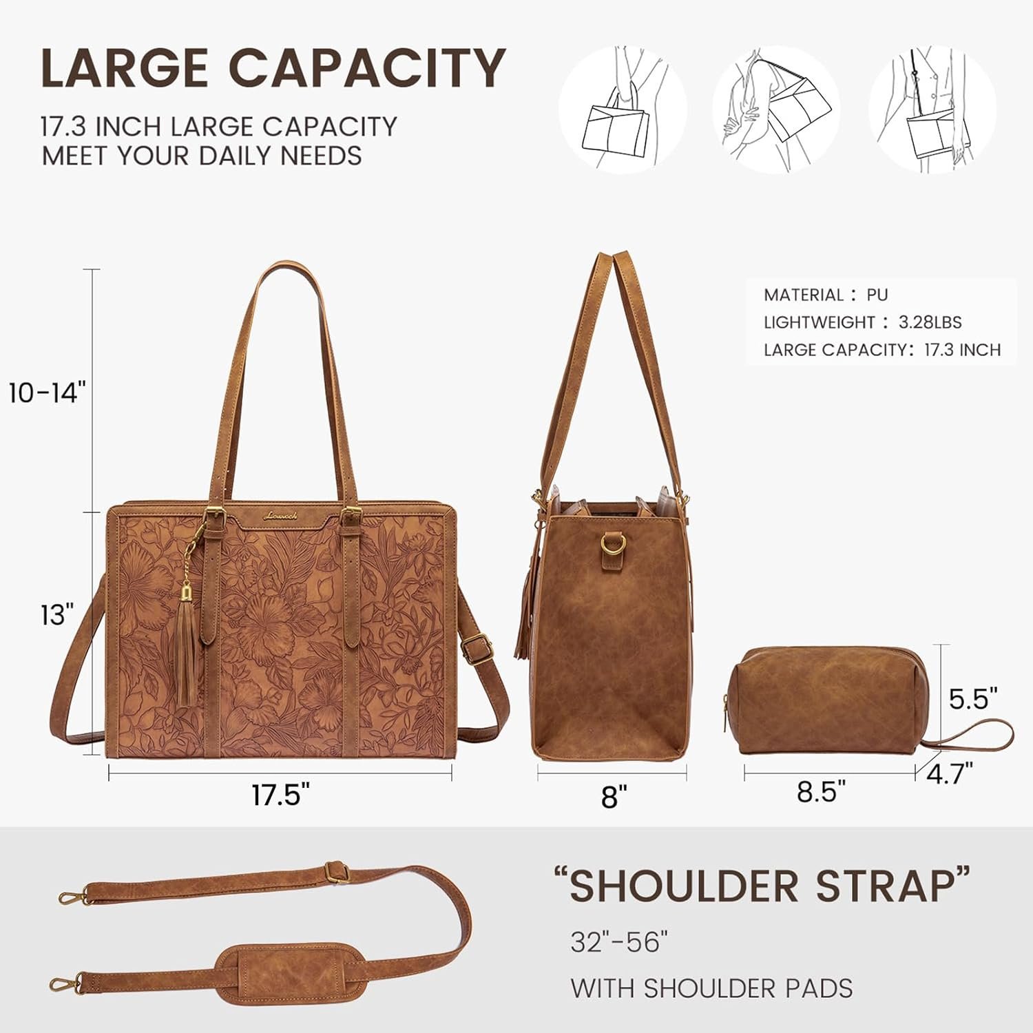 LOVEVOOK Laptop Bag for Women Vintage Leather Work Tote 17.3 inch Large Capacity Computer bag with Clutch Purse for Office, Travel, Casual - Image 5