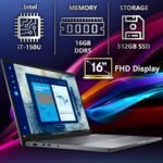Dell Pro 16 (Replaces Latitude 3550) 16” WUXGA Display Business Laptop, Intel i7-150U, 16GB DDR5 RAM, 512GB SSD PCIe, WiFi 6E + BT, RJ-45, Backlit Keyboard, HD Webcam, Windows 11 Pro - Black - Image 3