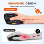 MEETION Ergonomic Mouse, Wireless Vertical Mouse RGB Backlit Rechargeable Mice for Bluetooth(5.2 + 3.0) & USB-A with USB-C Adapter 4 Adjustable DPI for Mac/Windows/Andriod/PC/Tablet/iPad Black - Image 3