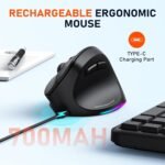 MEETION Ergonomic Mouse, Wireless Vertical Mouse RGB Backlit Rechargeable Mice for Bluetooth(5.2 + 3.0) & USB-A with USB-C Adapter 4 Adjustable DPI for Mac/Windows/Andriod/PC/Tablet/iPad Black - Image 6