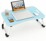 BUYIFY Folding Lap Desk, 23 Inch Portable Wood Blue Laptop Bed Desk Lap Desk with Cup Holder, for Working Reading Writing, Eating, Watching Movies for Bed Sofa Couch Floor- new005 Blue - Image 2