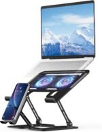 Laptop Cooling Stand with Detachable Fan,2-IN-1 Laptop Stand with Phone Holder and Silent Fans,Adjustable Height and Angle,Carbon Steel Framework,Laptop Cooling Pad for up to 16”Laptop (Black) - Image 2