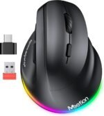MEETION Ergonomic Mouse, Wireless Vertical Mouse RGB Backlit Rechargeable Mice for Bluetooth(5.2 + 3.0) & USB-A with USB-C Adapter 4 Adjustable DPI for Mac/Windows/Andriod/PC/Tablet/iPad Black - Image 2