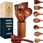 Wooden Utensil Set 9 PCS Hand-Crafted, Heat-Resistant, Non-Scratch & Easy-to-Clean Natural Teak Wooden Kitchen Tools with Spatula, Slotted Spatula, Spoons, Ladle, Pasta Server, Salad Fork, Holder Set - Image 2